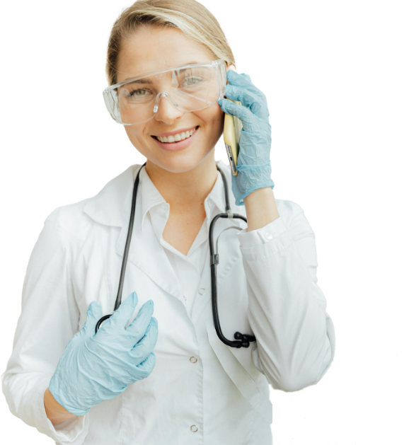 A smiling female scientist wearing safety goggles, gloves, and a lab coat with a stethoscope around her neck, standing against a transparent background ready for a telemedicine consultation.