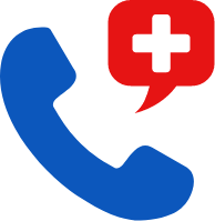 Blue phone receiver icon with a red speech bubble containing a white plus sign, symbolizing emergency or medical support for weight goals.