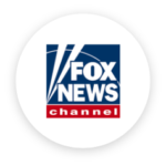 Logo of fox news channel, featuring bold blue and red text with weight goals spotlight and searchlight designs on a circular white background.