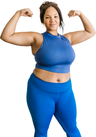 A confident woman in blue activewear flexing her muscles, standing isolated on a white background, celebrates achieving her weight goals.