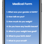 step1 Smartphone displaying a bmi calculation app with fields for gender, current health, weight, weight goals, and email, and a "submit!" button.