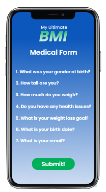 Smartphone displaying a bmi calculation app with fields for gender, current health, weight, weight goals, and email, and a "submit!" button.