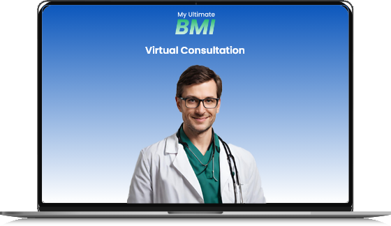 A male doctor with glasses and a stethoscope smiling on a virtual weight goals application interface on a laptop screen.