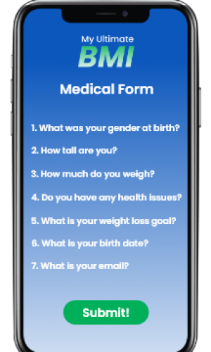 Smartphone displaying a bmi calculation app with fields for gender, current health, weight, weight goals, and email, and a "submit!" button.